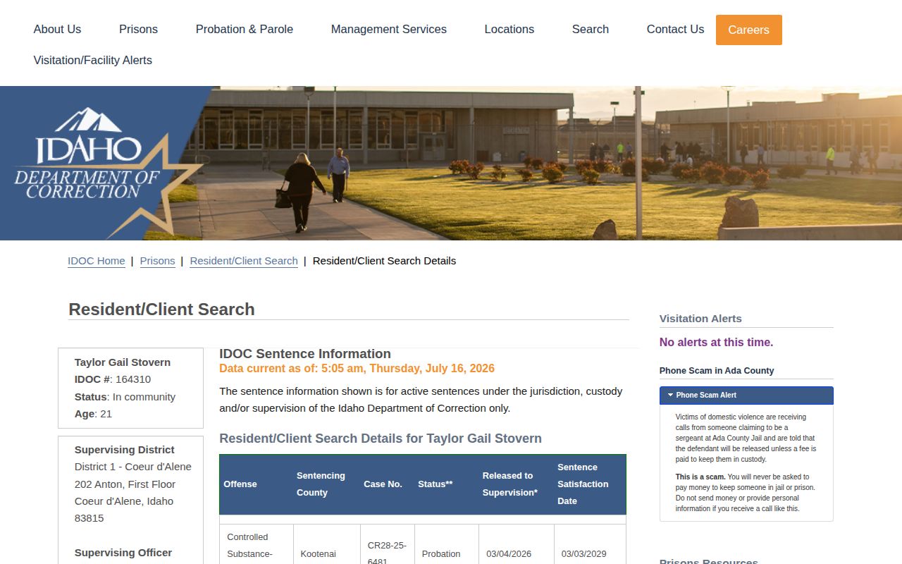 Kootenai County parole record showing in-community supervision fields